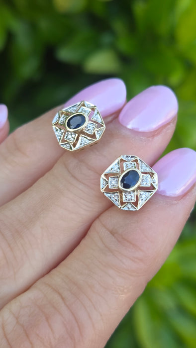 Vintage: 9ct Yellow Gold Sapphire & Diamond Art Deco Style Octagonal Stud Earrings
