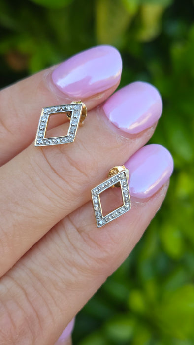 Vintage: 9ct Yellow Gold Diamond Geometric Stud Earrings