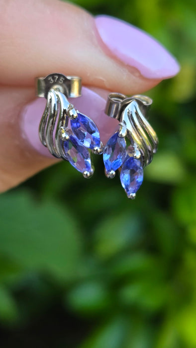 Vintage: 9ct White Gold Twin Marquise Tanzanite Leaf Stud Earrings