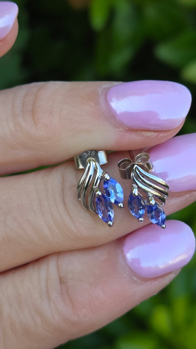 Vintage: 9ct White Gold Twin Marquise Tanzanite Leaf Stud Earrings