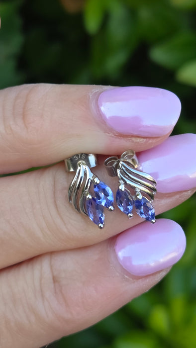 Vintage: 9ct White Gold Twin Marquise Tanzanite Leaf Stud Earrings
