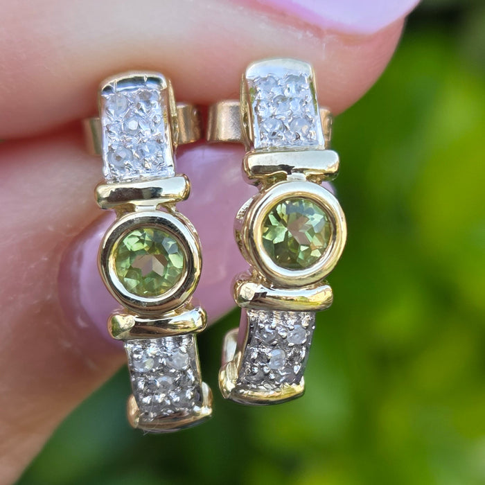 Vintage: 9ct Yellow Gold Peridot & Diamond Alternating Half Hoop Stud Earrings