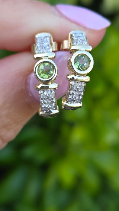 Vintage: 9ct Yellow Gold Peridot & Diamond Alternating Half Hoop Stud Earrings