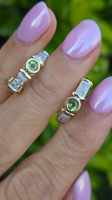 Vintage: 9ct Yellow Gold Peridot & Diamond Alternating Half Hoop Stud Earrings