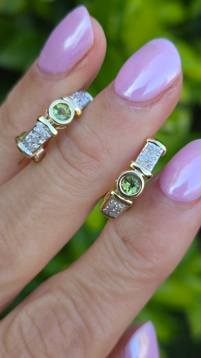 Vintage: 9ct Yellow Gold Peridot & Diamond Alternating Half Hoop Stud Earrings