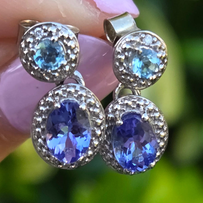 Vintage: 9ct White Gold Tanzanite, Aquamarine & Diamond Double Cluster Drop Stud Earrings
