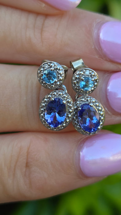 Vintage: 9ct White Gold Tanzanite, Aquamarine & Diamond Double Cluster Drop Stud Earrings