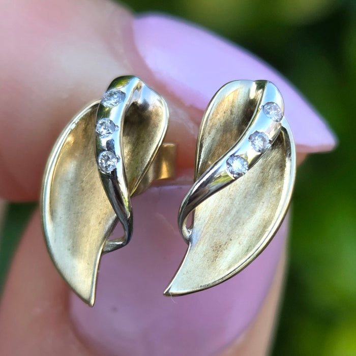 Vintage: 9ct Yellow & White Gold Diamond Leaf Stud Earrings