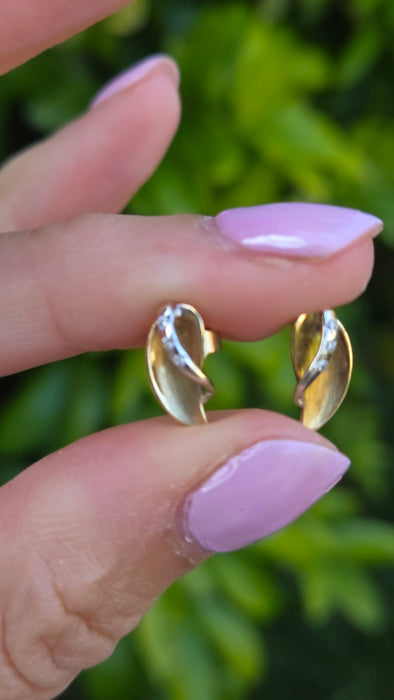Vintage: 9ct Yellow & White Gold Diamond Leaf Stud Earrings