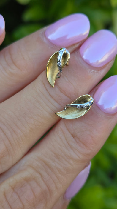 Vintage: 9ct Yellow & White Gold Diamond Leaf Stud Earrings