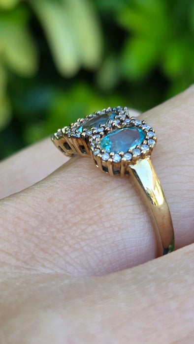 Vintage: 9ct Gold Aquamarine & Diamond Triple Cluster Ring