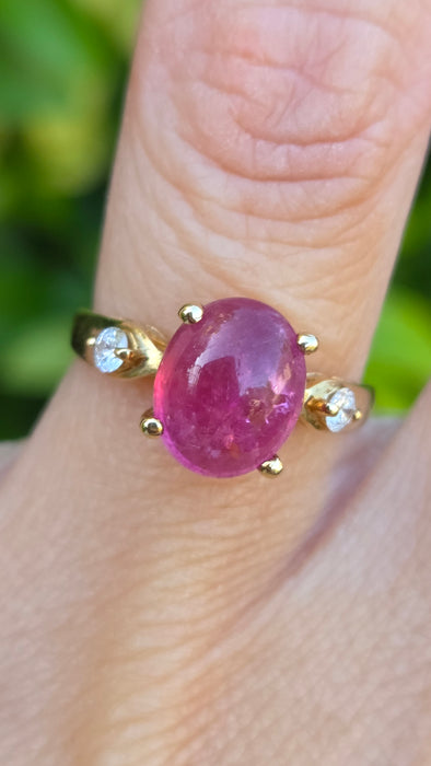 Vintage: 9ct Yellow Gold Rubellite & Diamond Ring