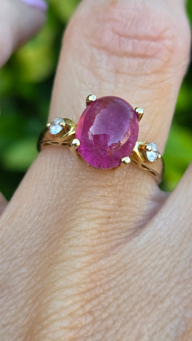 Vintage: 9ct Yellow Gold Rubellite & Diamond Ring