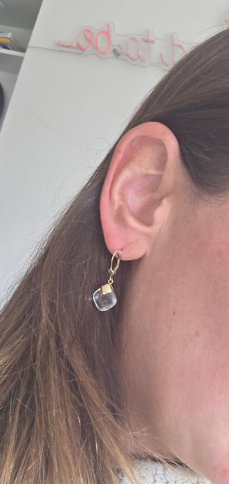 Vintage: 9ct Yellow Gold Rock Crystal Cushion Cabochon Drop Earrings