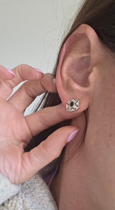 Vintage: 9ct Yellow Gold Sapphire & Diamond Art Deco Style Octagonal Stud Earrings