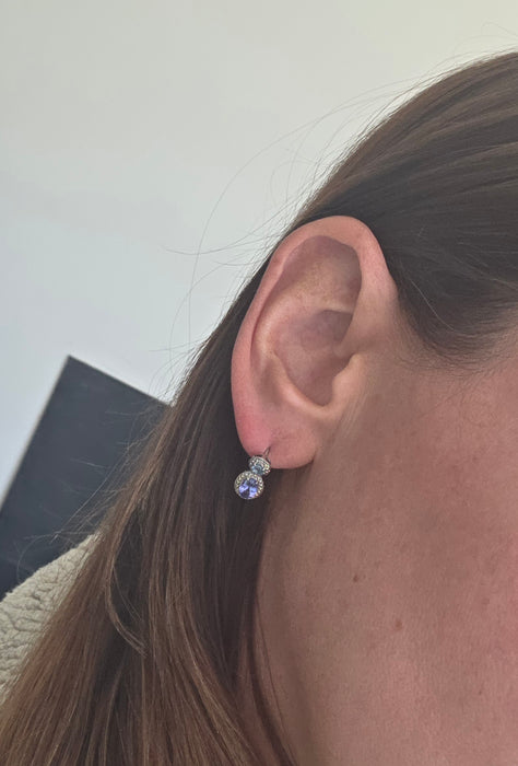 Vintage: 9ct White Gold Tanzanite, Aquamarine & Diamond Double Cluster Drop Stud Earrings