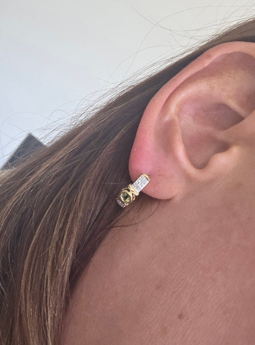 Vintage: 9ct Yellow Gold Peridot & Diamond Alternating Half Hoop Stud Earrings