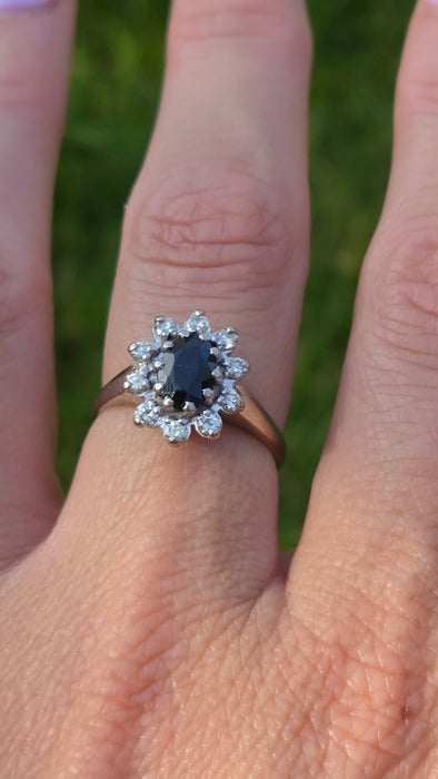 Vintage: 18ct White Gold French Blue Sapphire & Diamond Diana Cluster Ring