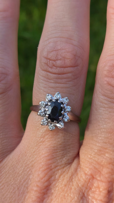 Vintage: 18ct White Gold French Blue Sapphire & Diamond Diana Cluster Ring
