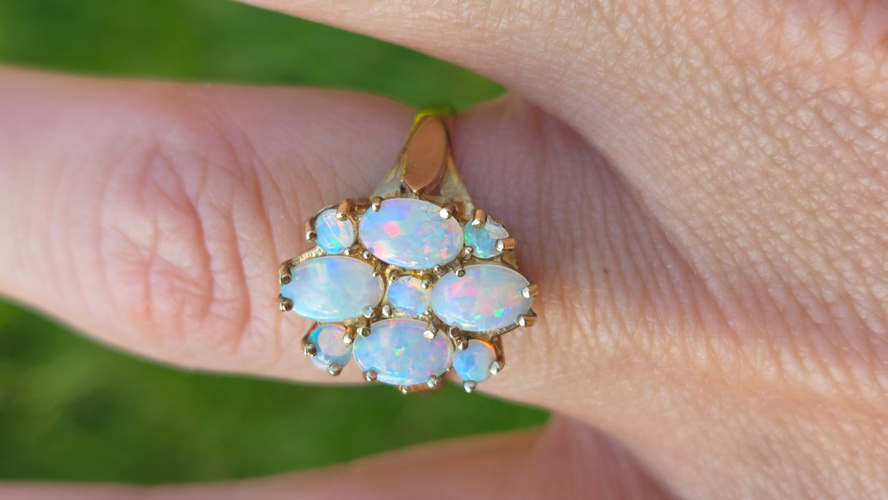 Vintage: 9ct Yellow Gold Nine Stone Opal Cluster Ring