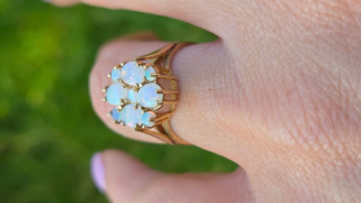 Vintage: 9ct Yellow Gold Nine Stone Opal Cluster Ring