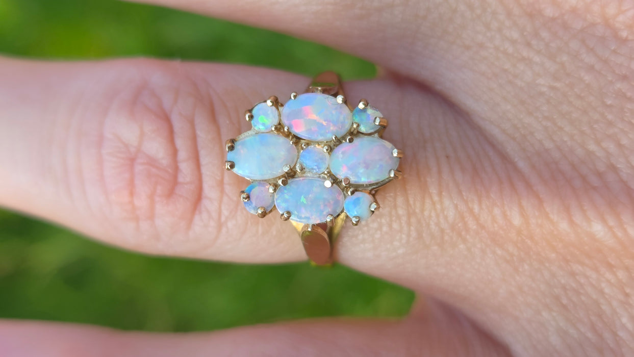 Vintage: 9ct Yellow Gold Nine Stone Opal Cluster Ring