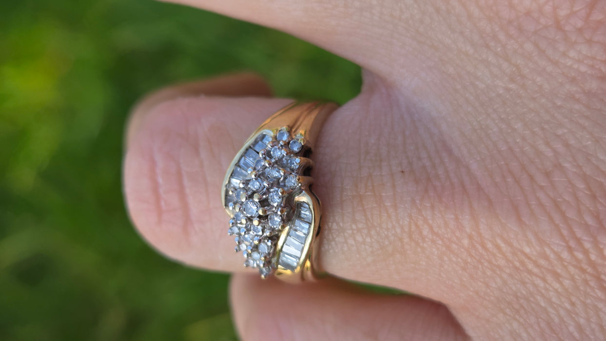 Vintage: 9ct Yellow Gold Diamond Cascade Cluster Ring