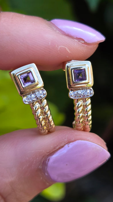 Vintage: 9ct Yellow Gold Amethyst & Diamond Twisted Rope Drop Stud Earrings