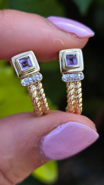 Vintage: 9ct Yellow Gold Amethyst & Diamond Twisted Rope Drop Stud Earrings