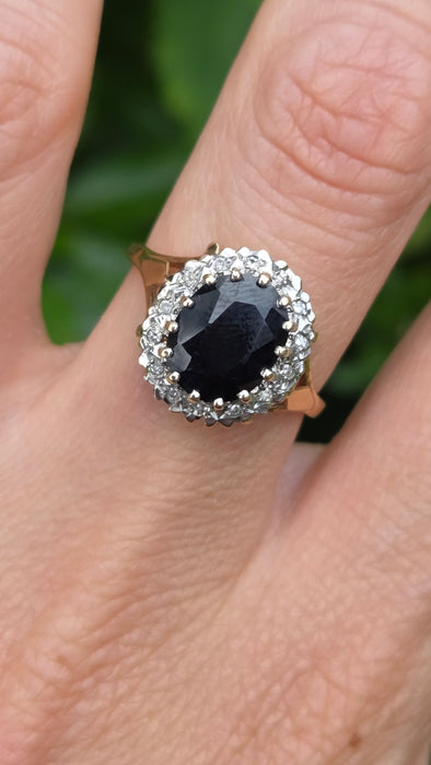 Vintage: 9ct Yellow Gold Sapphire & Diamond Oval Cluster Ring — From 1987