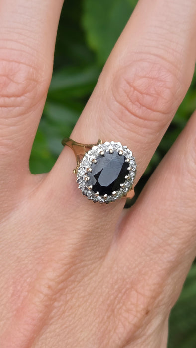 Vintage: 9ct Yellow Gold Sapphire & Diamond Oval Cluster Ring — From 1987