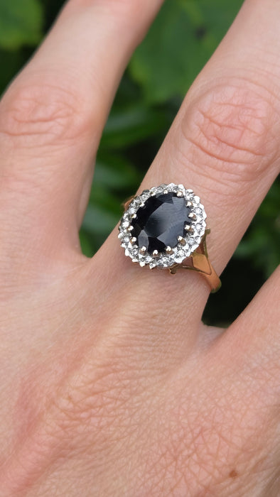 Vintage: 9ct Yellow Gold Sapphire & Diamond Oval Cluster Ring — From 1987
