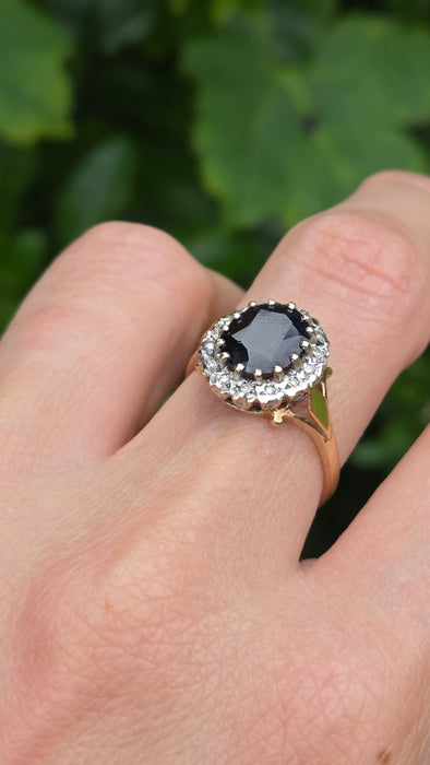Vintage: 9ct Yellow Gold Sapphire & Diamond Oval Cluster Ring — From 1987