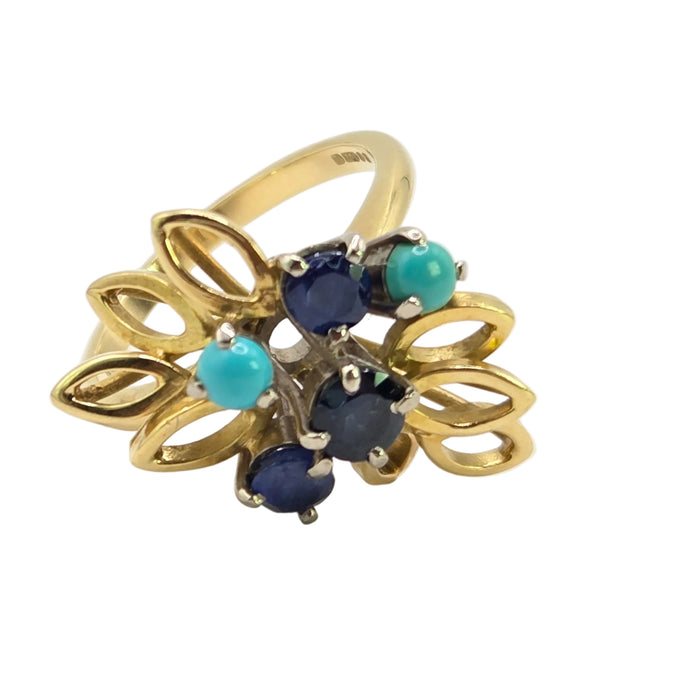 Vintage: 18ct Yellow Gold Sapphire & Turquoise Petal Ring — From 1982