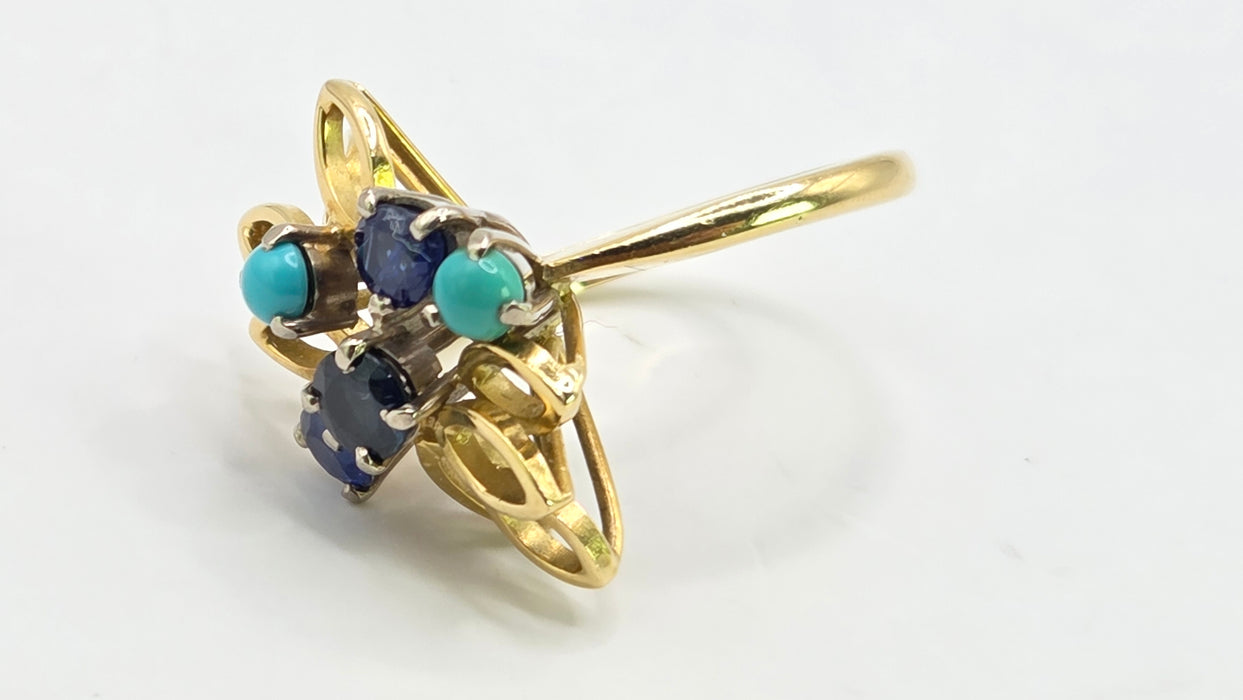 Vintage: 18ct Yellow Gold Sapphire & Turquoise Petal Ring — From 1982