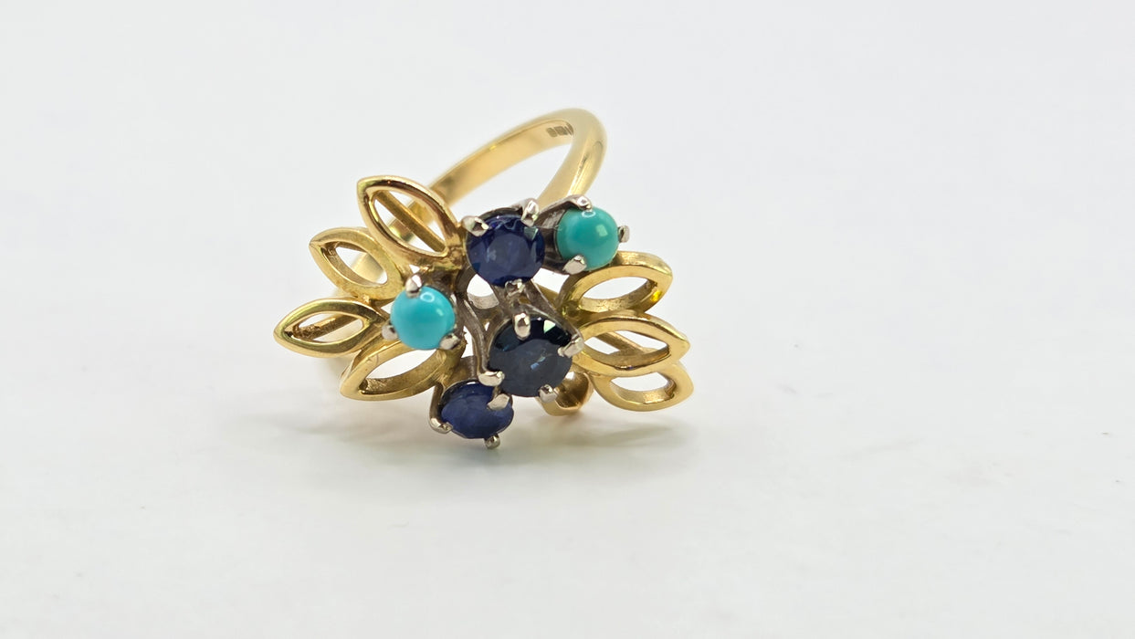Vintage: 18ct Yellow Gold Sapphire & Turquoise Petal Ring — From 1982