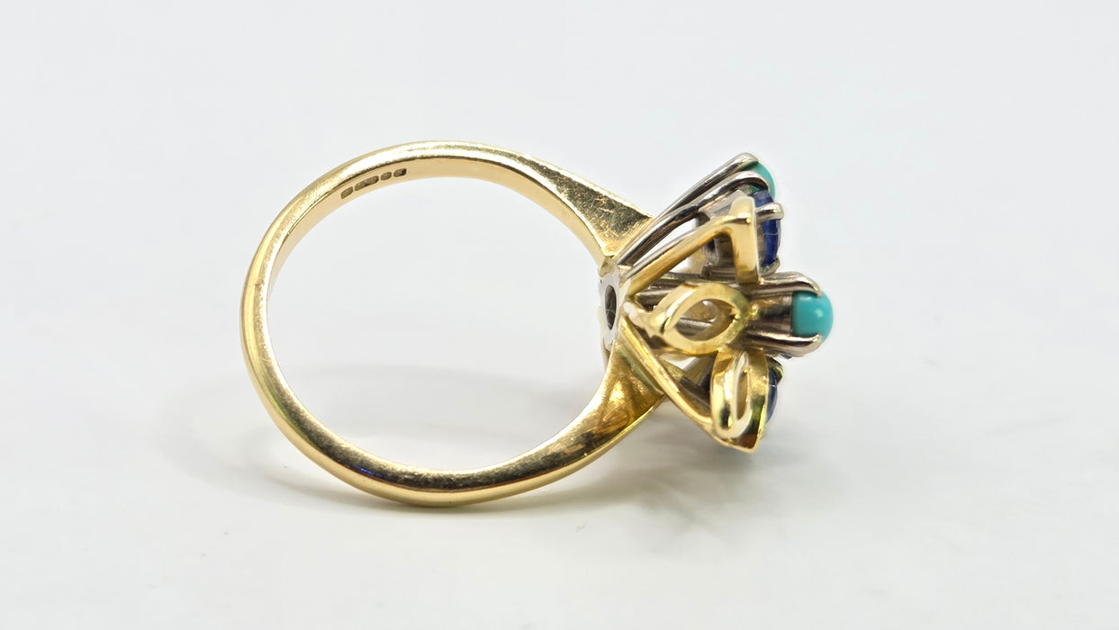 Vintage: 18ct Yellow Gold Sapphire & Turquoise Petal Ring — From 1982