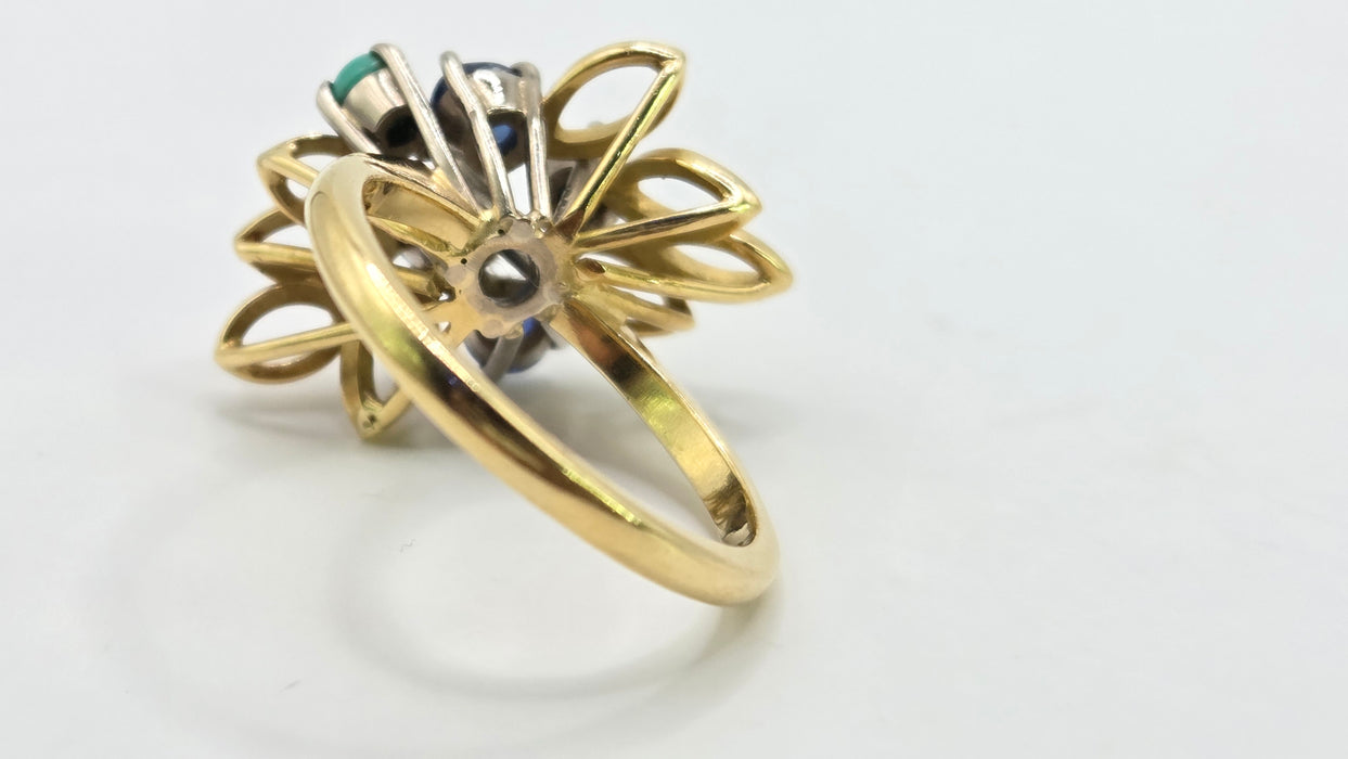 Vintage: 18ct Yellow Gold Sapphire & Turquoise Petal Ring — From 1982