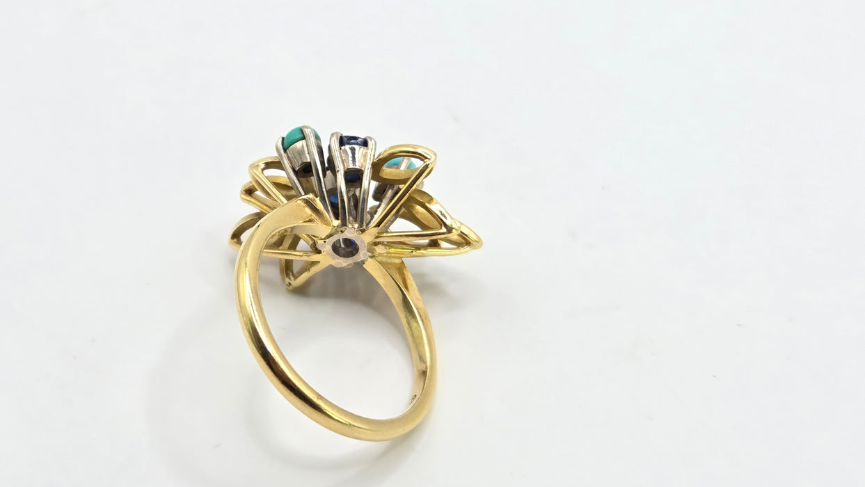Vintage: 18ct Yellow Gold Sapphire & Turquoise Petal Ring — From 1982