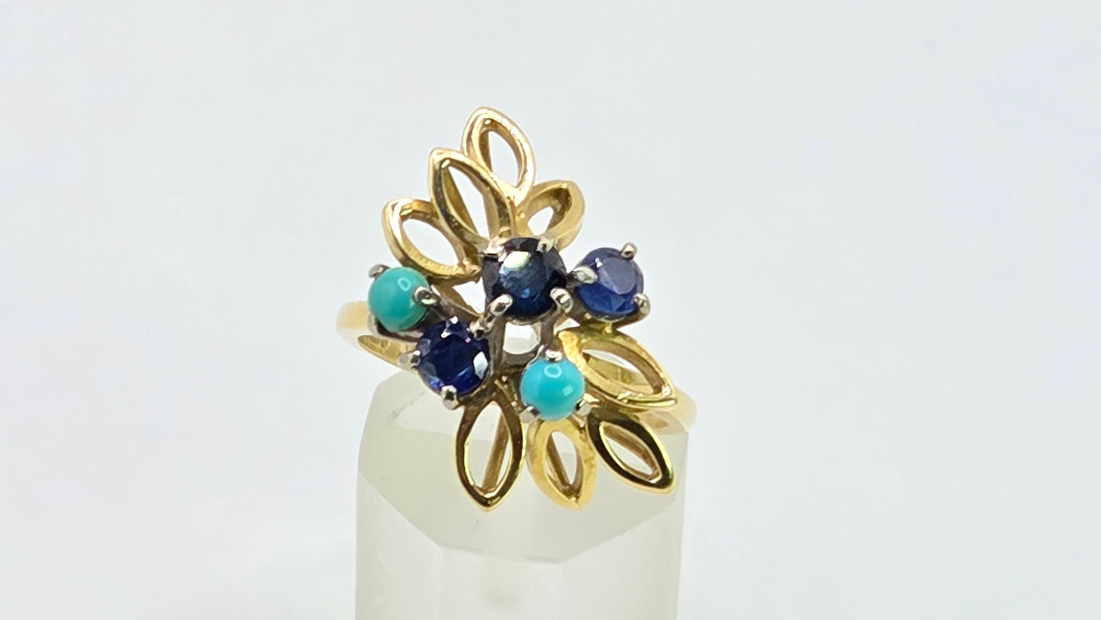 Vintage: 18ct Yellow Gold Sapphire & Turquoise Petal Ring — From 1982