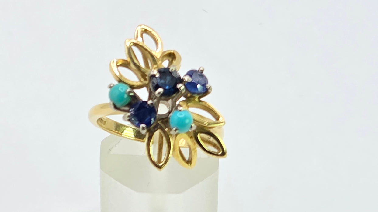 Vintage: 18ct Yellow Gold Sapphire & Turquoise Petal Ring — From 1982