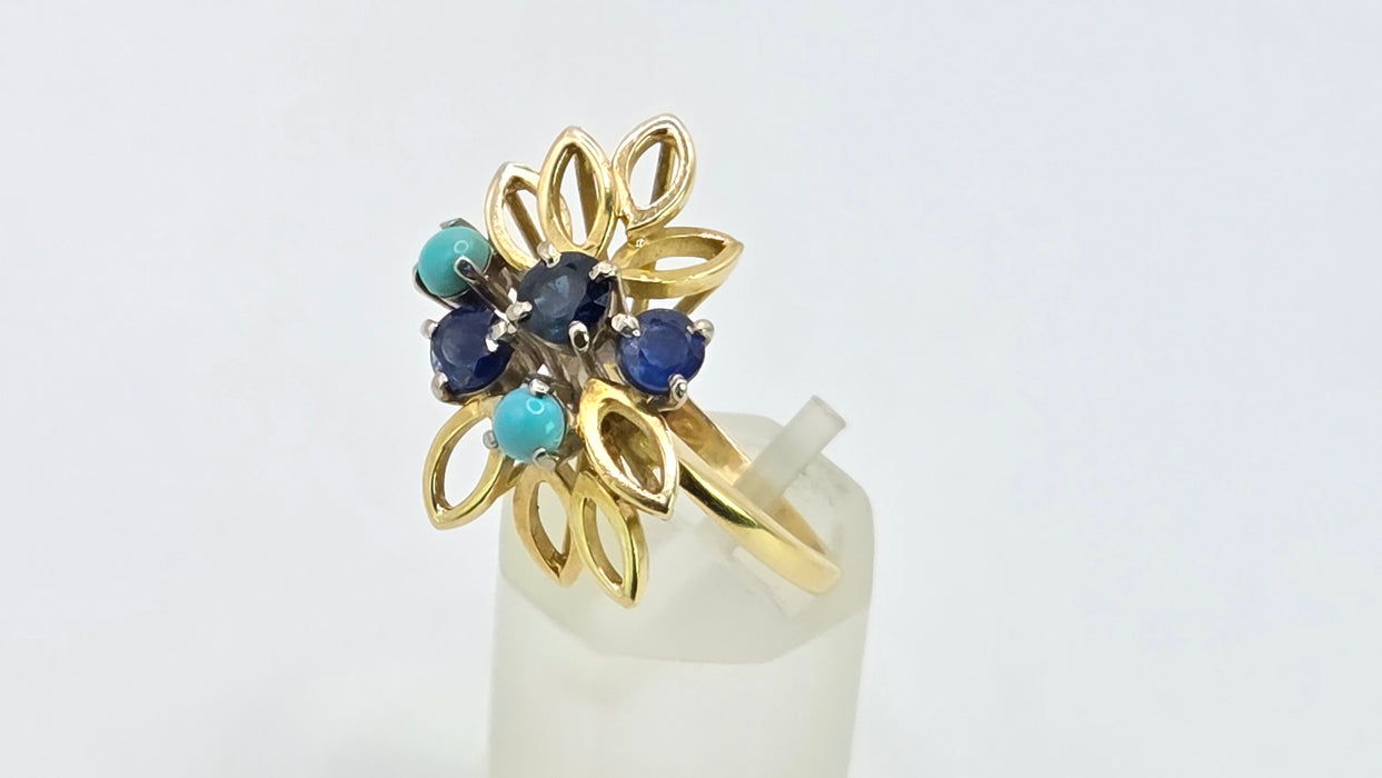 Vintage: 18ct Yellow Gold Sapphire & Turquoise Petal Ring — From 1982