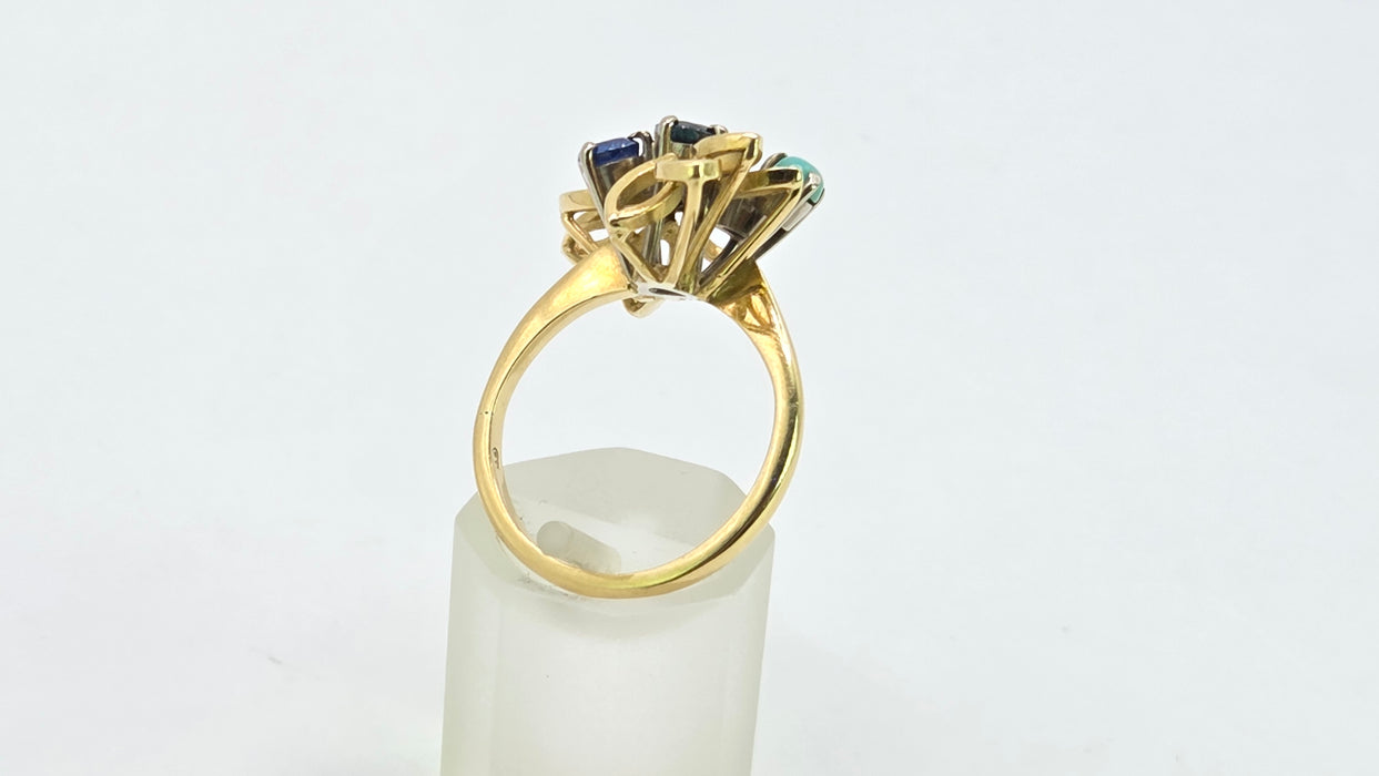 Vintage: 18ct Yellow Gold Sapphire & Turquoise Petal Ring — From 1982