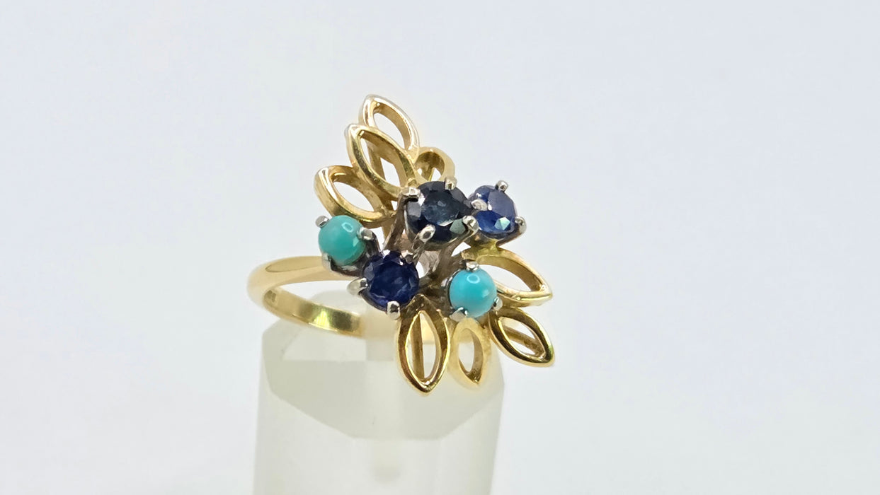 Vintage: 18ct Yellow Gold Sapphire & Turquoise Petal Ring — From 1982