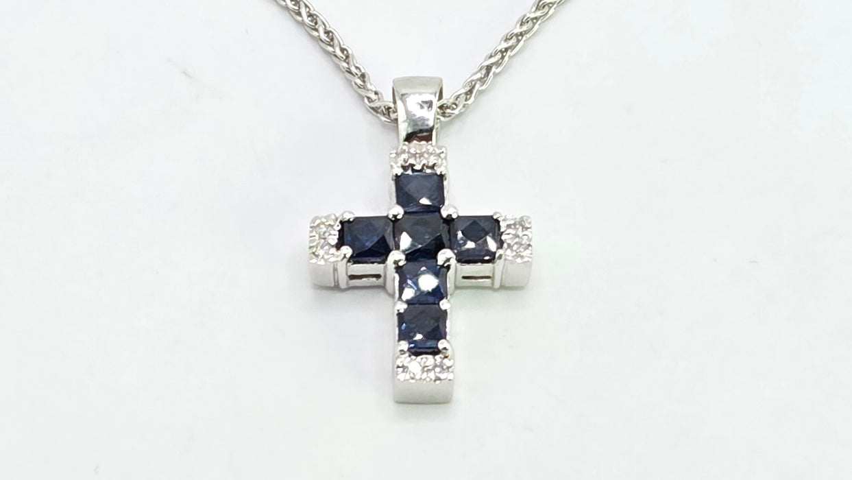 Vintage: 18ct White Gold Sapphire & Diamond Cross Pendant & Chain