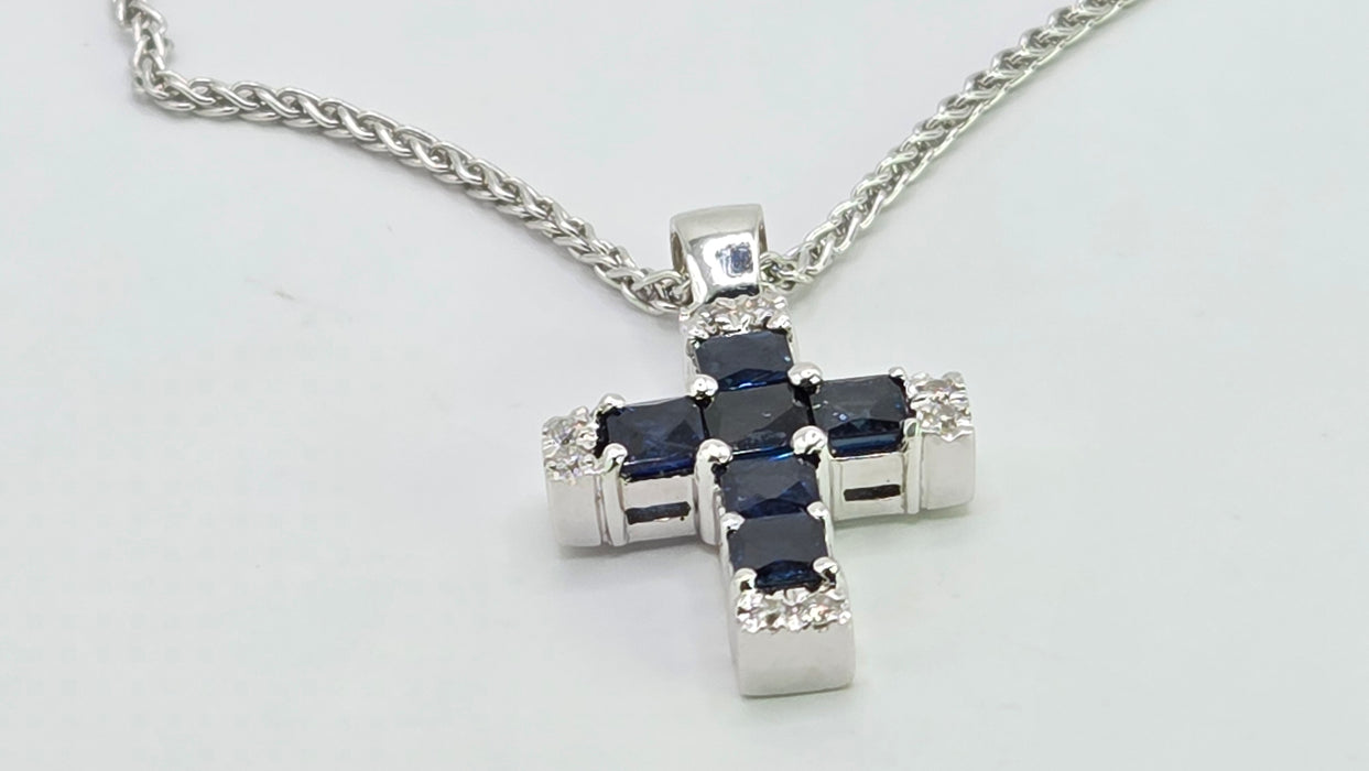 Vintage: 18ct White Gold Sapphire & Diamond Cross Pendant & Chain
