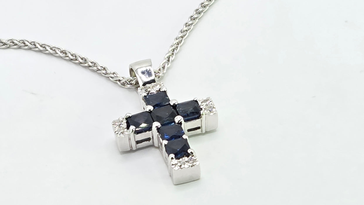 Vintage: 18ct White Gold Sapphire & Diamond Cross Pendant & Chain
