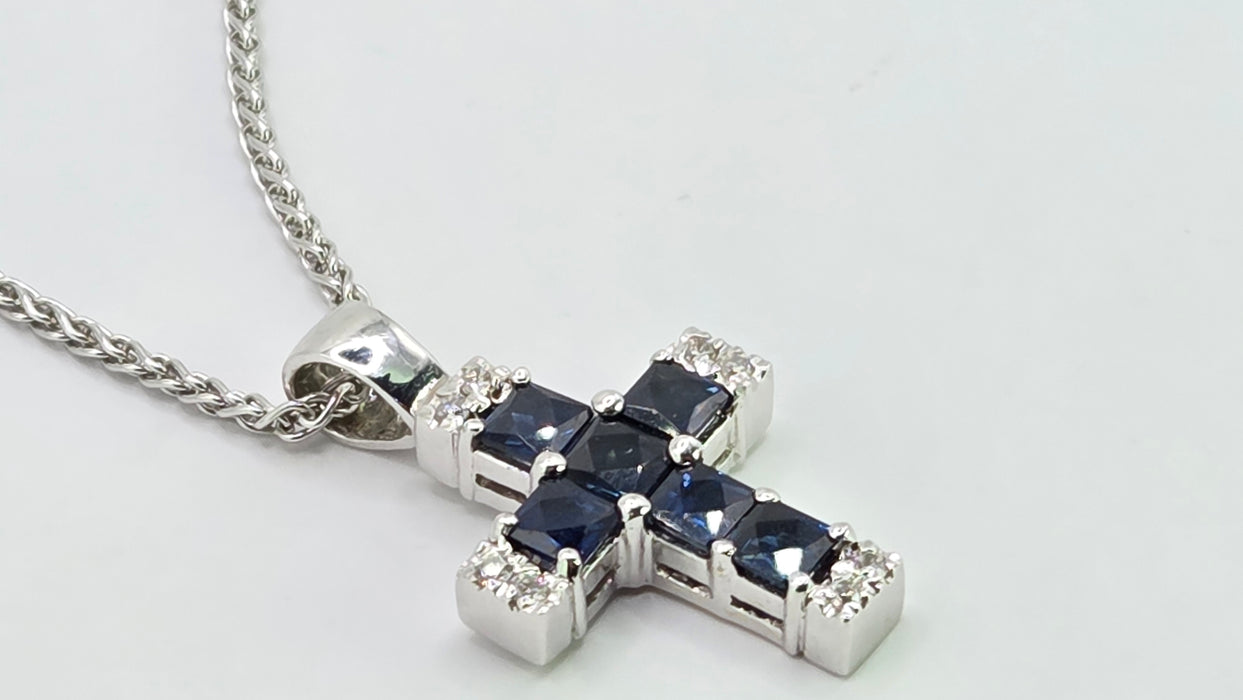 Vintage: 18ct White Gold Sapphire & Diamond Cross Pendant & Chain