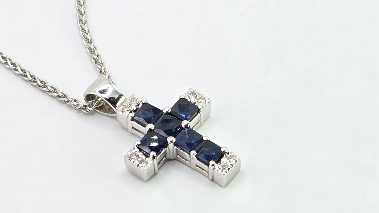Vintage: 18ct White Gold Sapphire & Diamond Cross Pendant & Chain