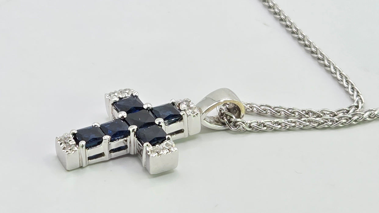 Vintage: 18ct White Gold Sapphire & Diamond Cross Pendant & Chain